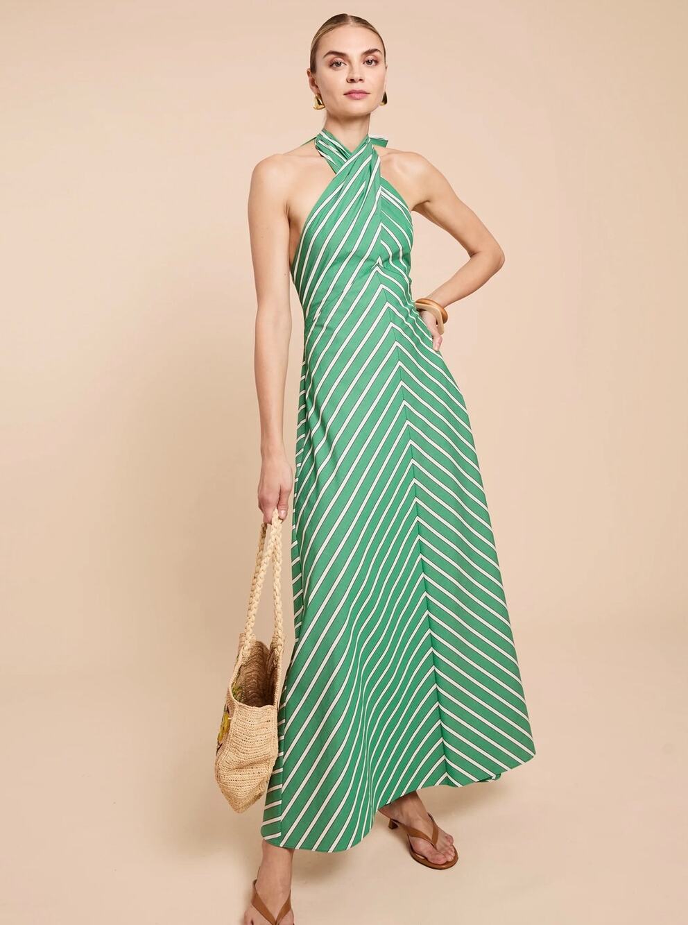 New O.P.T Noelle cotton green stripe maxi dress $197 sz XS